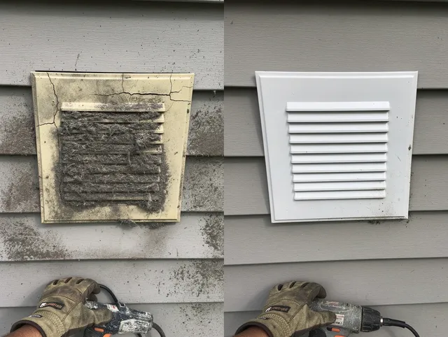 Lewisboro Dryer Vent Cleaning technician installing high-quality dryer vent cover at a residential property in Lewisboro