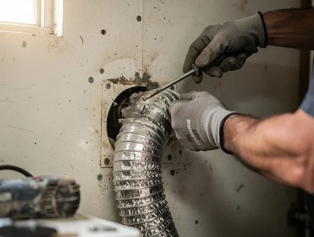 Lewisboro Dryer Vent Cleaning technician performing precise dryer vent hose installation in Lewisboro